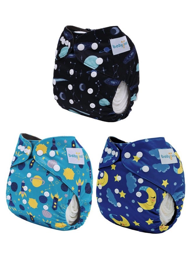 babygoal Reusable Charcoal Cloth Diapers with Double Gussets, 3 Pack Washable Baby Pocket Diapers with 3pcs Charcoal Inserts and Wet Dry Bag(Space,Moon,Star,Rocket) - Image 1