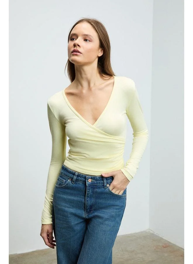 GRIMELANGE CALLORIA Women's V-Neck Long Sleeve Slim Fit Yellow Blouse.