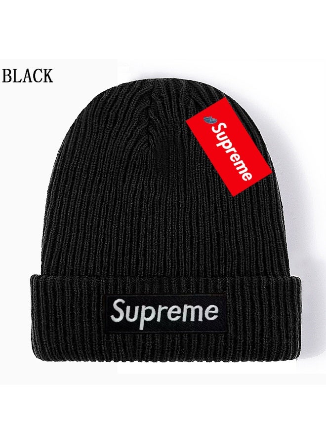 SUPREME Sleek Black Ribbed Knit Beanie with Dual Supreme Logos – Edgy Streetwear Essential 587Size