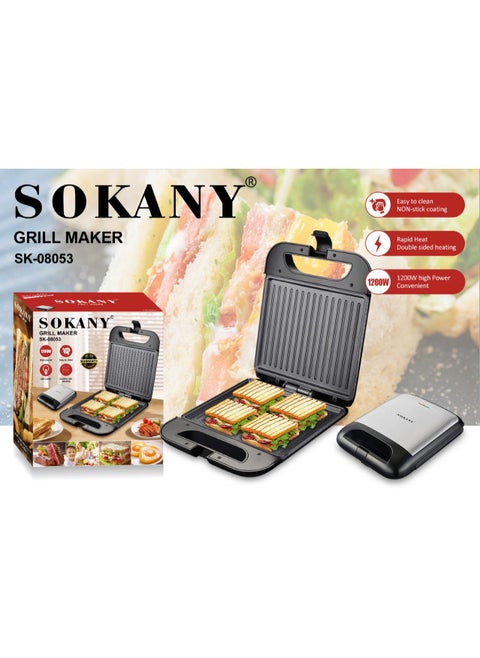 Sokany Grill Maker 1200 Watt Made of safe, heat-resistant stainless steel Healthy non-stick Power and readiness indicator Indicator light Easy to clean Easy to use Cool touch handle Cool touch cover You can now toast toast or delicious cheese bread Easy and convenient to use and clean It can also be used to grill vegetables, kebab, steak and paneer to prepare healthy and nutritious meals (SK_08053 Color Silver and black