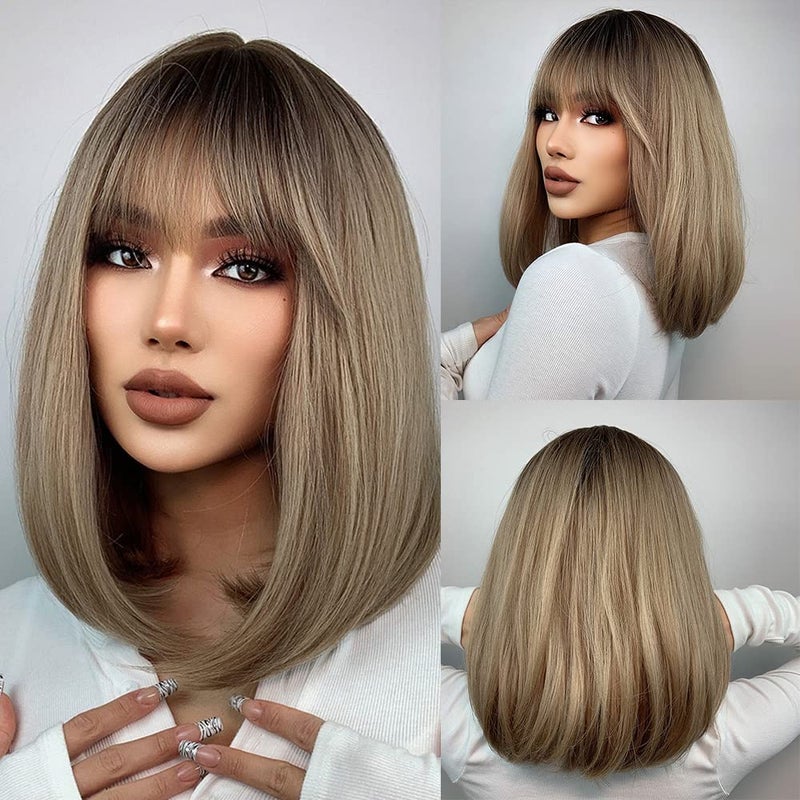 EMMOR Blonde Bob Wigs for Women Shoulder Length Synthetic Wig with Fringe Bangs High Heat Resistant WigOmbre Blonde