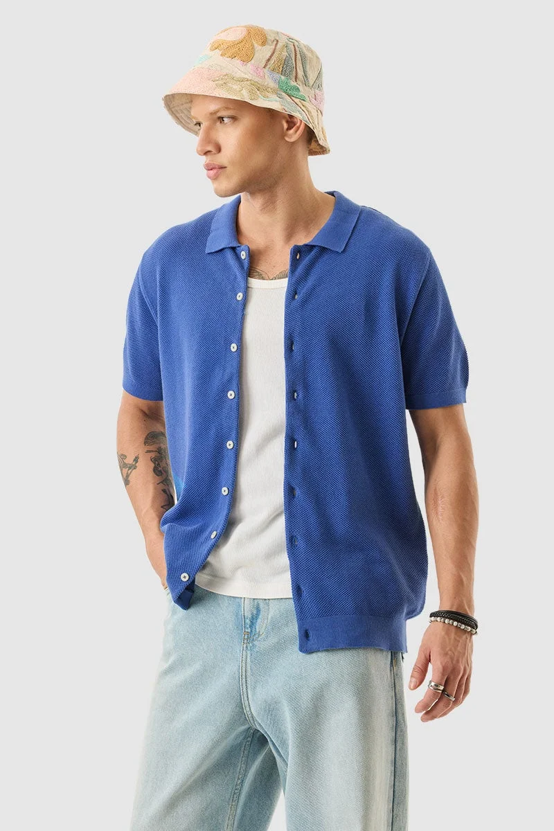 SNITCH Blue Slim Fit Flat Knit Shirt
