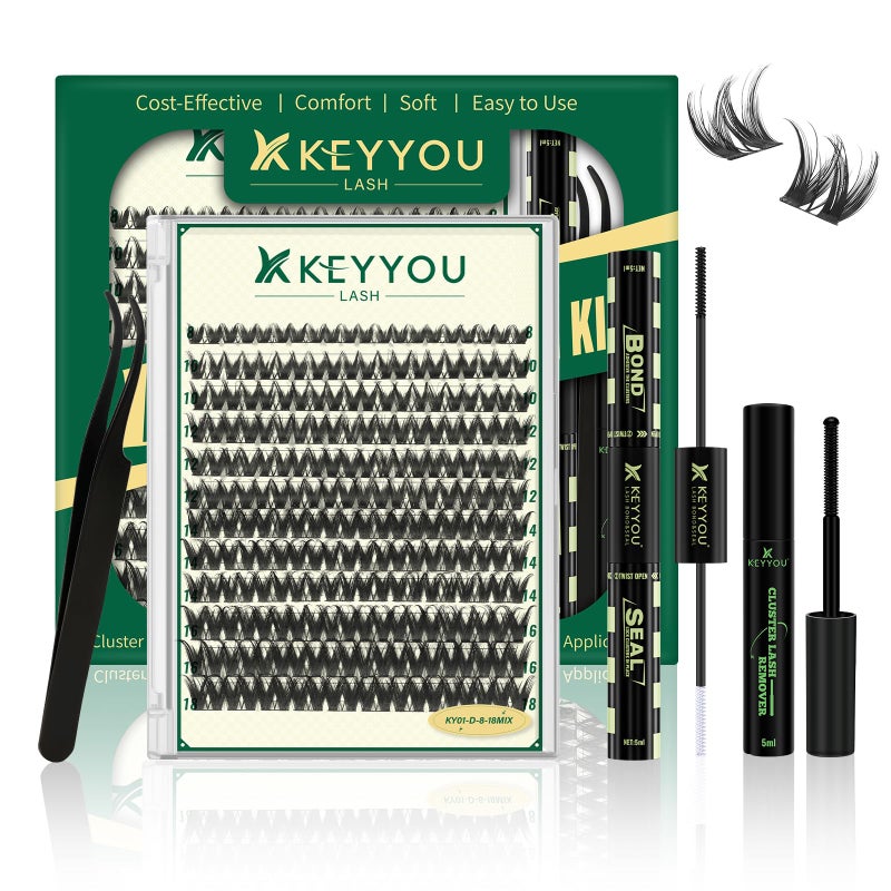 KEYYOU LASH Lash Clusters Kit Thick 120pcs 8-18MIX Lash Extension Kit Volume Lash Clusters with Bond and Seal,Remover,Applicators for DIY Eyelash Clusters at Home (KY01 Kit) - Image 1