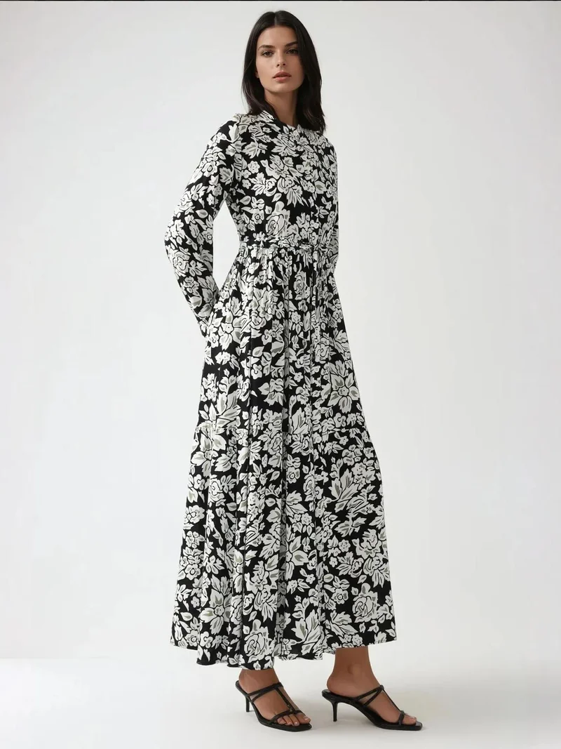 زوبعة فستان ماكسي مطبوع بياقة قميص