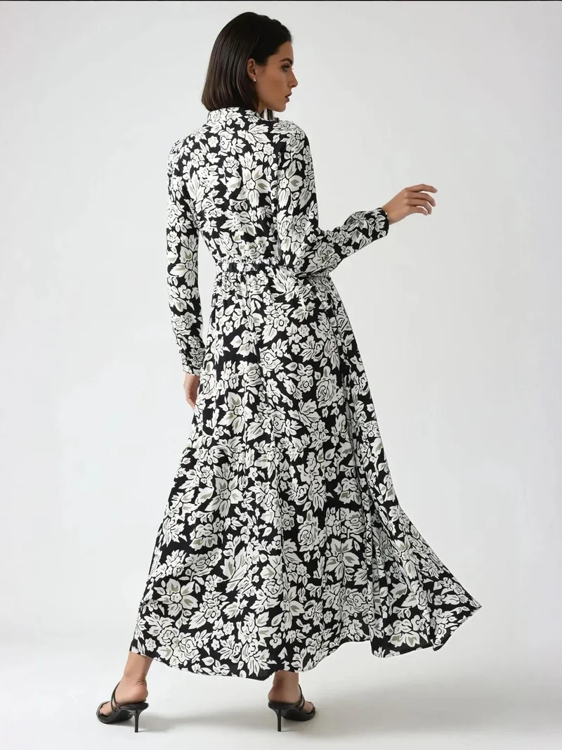 HICCUP Printed Maxi Dress with Shirt Collar
