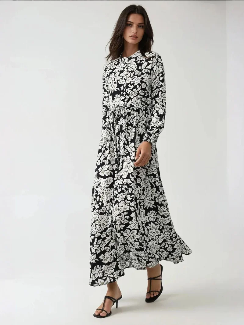 HICCUP Printed Maxi Dress with Shirt Collar