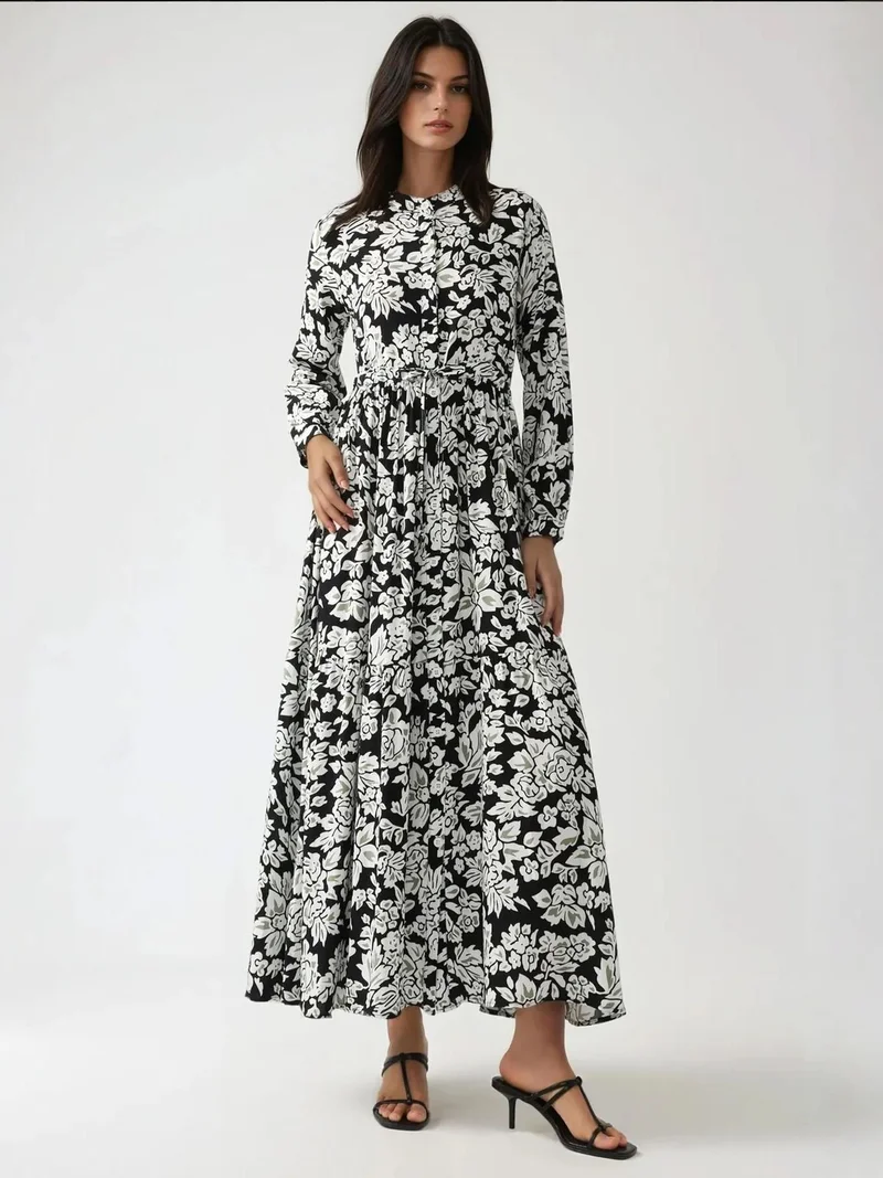 HICCUP Printed Maxi Dress with Shirt Collar