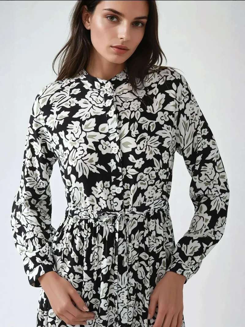 HICCUP Printed Maxi Dress with Shirt Collar