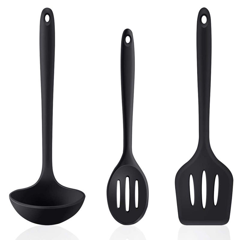 Goalfly Silicone Kitchen Utensils Set for Cooking 3 Pieces Nonstick Ladle Slotted Spoon and Slotted Turner Durable Cooking Utensils for Frying Serving Baking