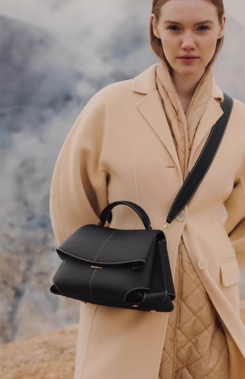 Cross-border polen smile bag French niche leather womens bag 2024 new MOKKI fashion shoulder handbag Black 
