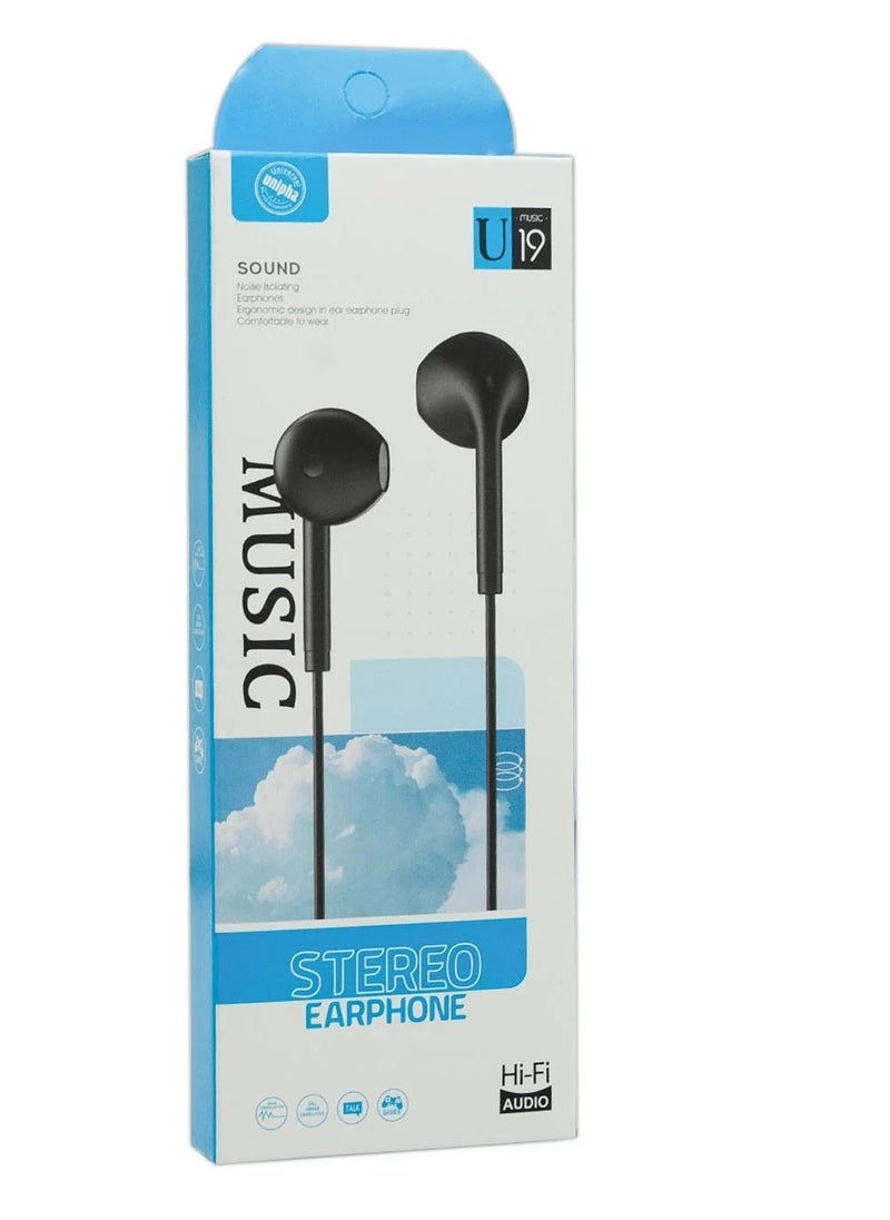 Unipha - U19 Wired Earphones, Ergonomic Comfort-Fit in-Ear Headphones with Microphone and Volume Control, 3.5mm Jack Plu g Earbuds for iPhone iPad iPod Samsung MP3/MP4 Player - Black - Image 1