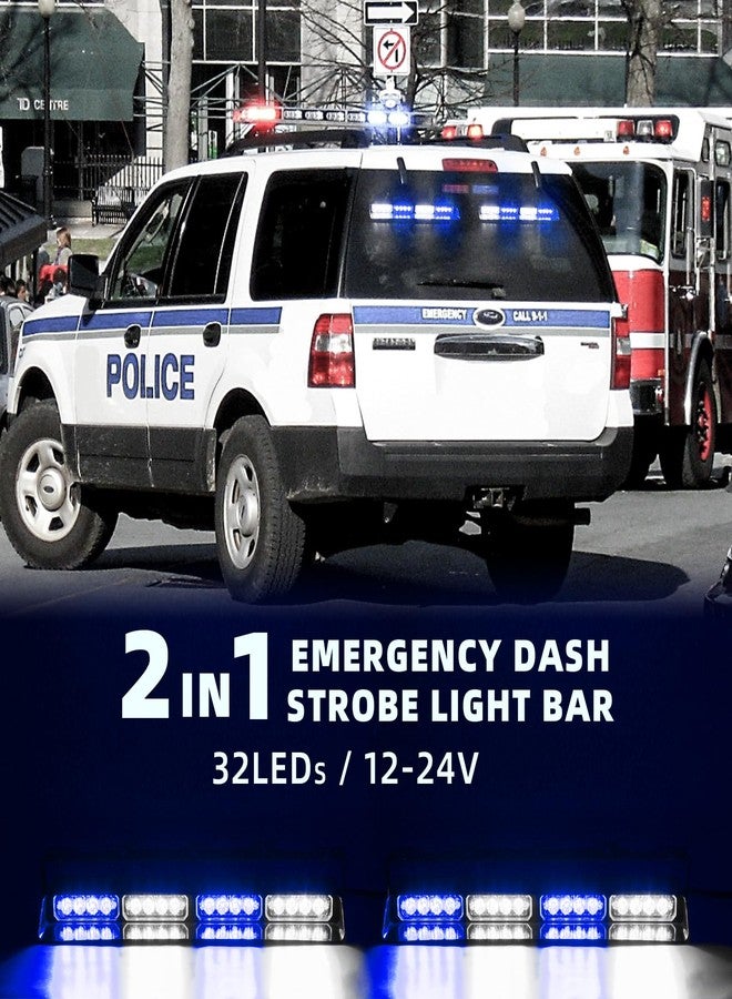 PKINGLAKE 2 in 1 LED Emergency Dash Strobe Light Bar Front/Rear Windshield Safety Flashing Warning Hazard Interior Lights for Police Firefighter Construction Vehicles Trucks (2x14 inch, Blue/White) - Image 2