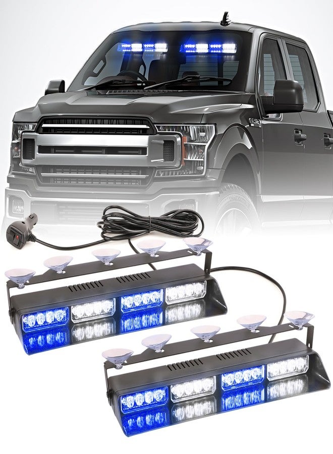 PKINGLAKE 2 in 1 LED Emergency Dash Strobe Light Bar Front/Rear Windshield Safety Flashing Warning Hazard Interior Lights for Police Firefighter Construction Vehicles Trucks (2x14 inch, Blue/White) - Image 1