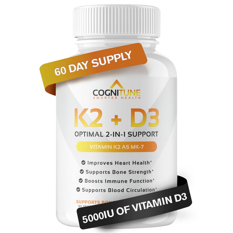 CogniTune Vitamin D3 5000 IU with Vitamin K2 MK7 Supplement Premium Immune Heart Bone Health Capsules Vitamin K2 D3 Complex with 5000 IU of Vitamin D3 90 mcg of Vitamin K2 mk760 Count
