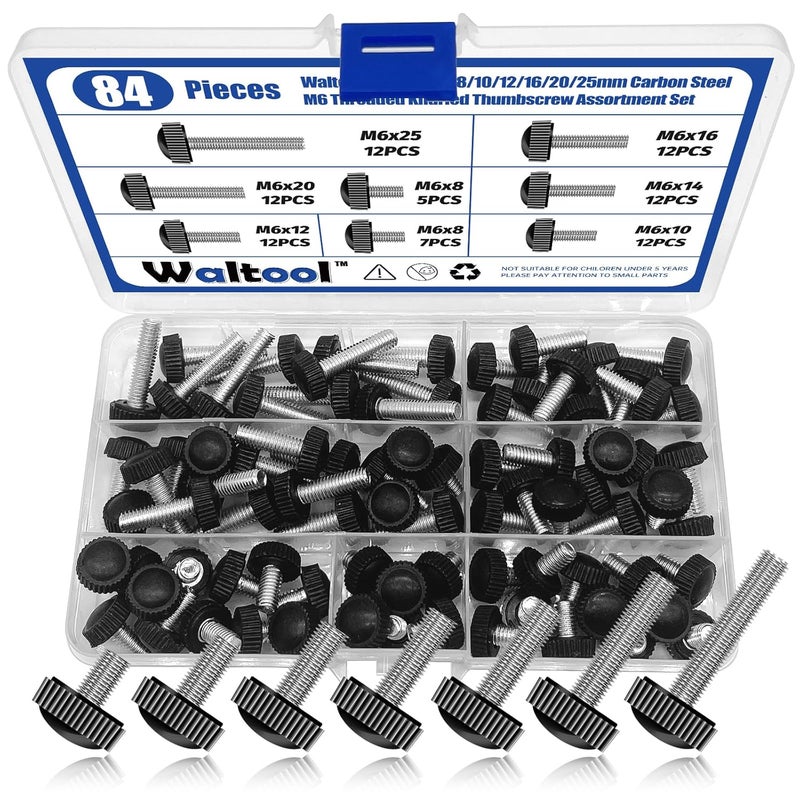 Waltool 84Pcs 8 Sizes Carbon Thumbscrew Assortment Set, M6 x 8/10/12/14/20/25mm Screw on Thread Knurled Round Clamping Knobs Handle Bolts Grip Thumb Screws for Machine - Image 1