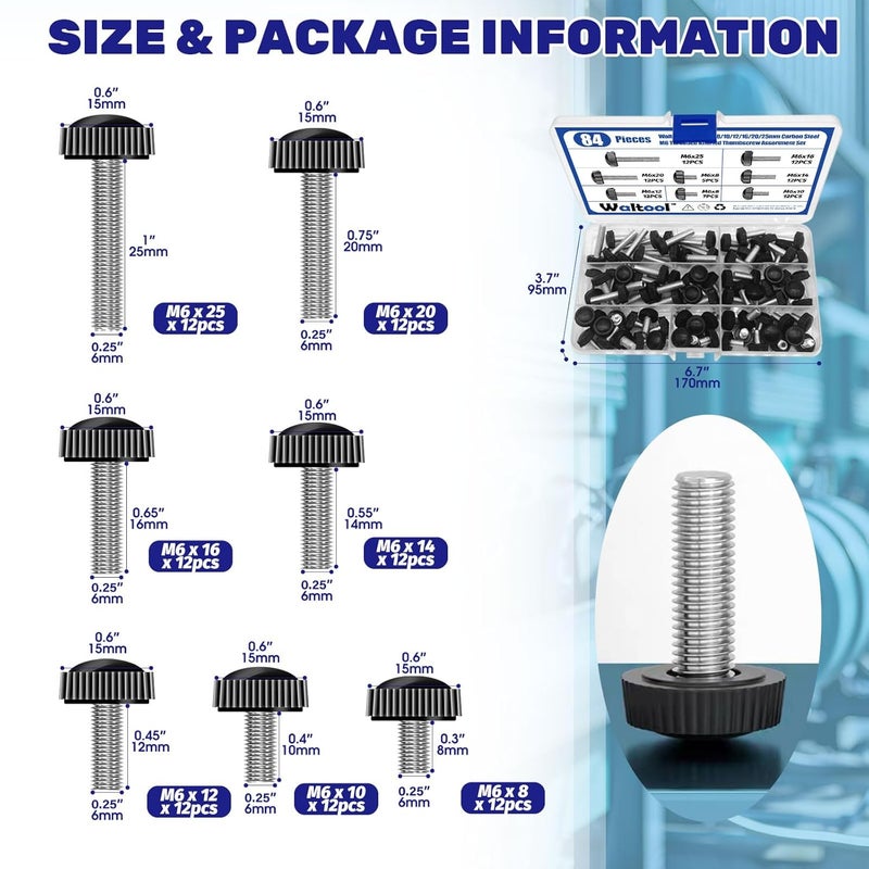 Waltool 84Pcs 8 Sizes Carbon Thumbscrew Assortment Set, M6 x 8/10/12/14/20/25mm Screw on Thread Knurled Round Clamping Knobs Handle Bolts Grip Thumb Screws for Machine - Image 2