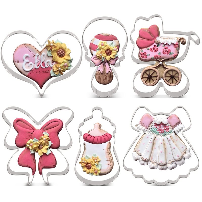 LILIAO LILIAO Baby Shower Cookie Cutter Set  6 Piece  Feeding Bottle Rattle Heart Carriage Princess Dress and BowRibbon Biscuit Fondant Cutters  Stainless Steel