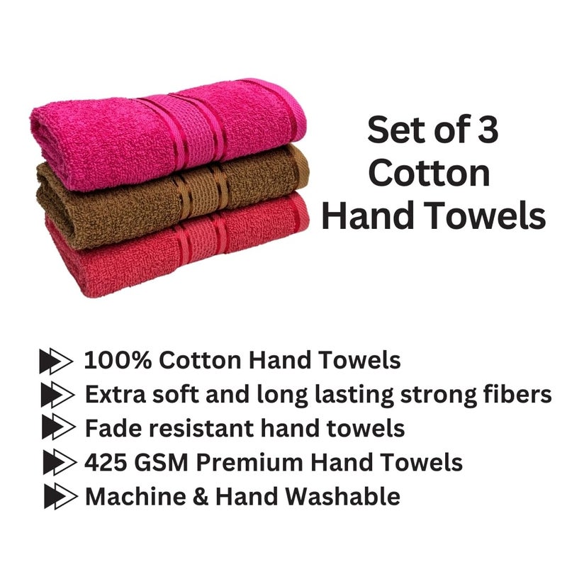 STAMIO Cotton 425 GSM Hand Towel Set of 3, 33 X 51 cm for Men, Women, Home Use, Gym, Wash Basin | Soft, Absorbent, Quick Dry, Small Size Towels, Travel Friendly | Magenta, Brown and Gajri - Image 2