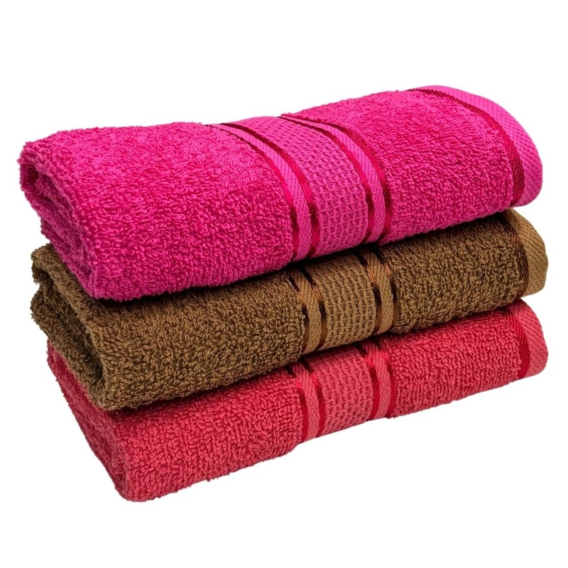 STAMIO Cotton 425 GSM Hand Towel Set of 3, 33 X 51 cm for Men, Women, Home Use, Gym, Wash Basin | Soft, Absorbent, Quick Dry, Small Size Towels, Travel Friendly | Magenta, Brown and Gajri - Image 1