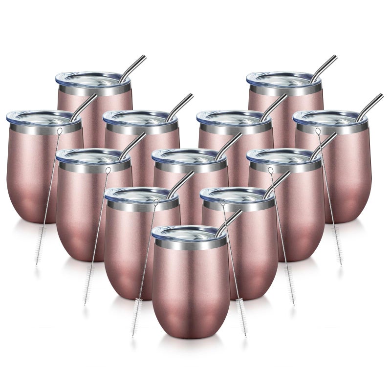 COMOOO Rose Gold Stainless Steel Wine Tumbler Bulk with Lid and Straw 12oz Double Wall Vacuum Insulated Travel Tumbler Cup for Coffee Wine Cocktails Ice Cream Cup Rose Gold 12 pack