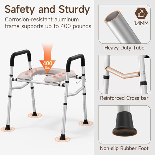 WAYES Toilet Seat Riser with Handles, Adjustable Elevated Toilet Seat with Padded Arms for Seniors and Elderly, Bathroom Safety Frame for Post-Surgery Recovery, Supports up to 400 lbs, Black - Image 4