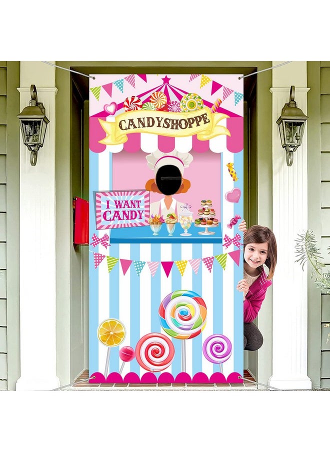 Irenare Candy Shop Party Decoration Sweet Shoppe Hanging Banner Background Carnival Photo Door Decor Backdrop Props 70.87 X 35.43 Inch Large Photo Door Banner For Candy Shop Sweet Party Carnival Game Supplies  - Image 1