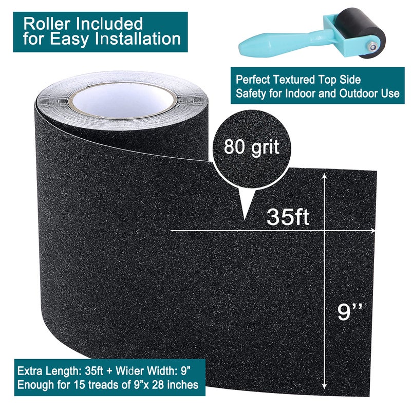 Leyibo Anti Slip Traction Tape With Roller  9 Inch X 35 Ft Non Slip Grip Tape For Skateboard  Waterproof Anti Skid Grit Roll For Stair Step Outdoor/Indoor  High Traction Non Skid Abrasive Stair Tread - Image 3