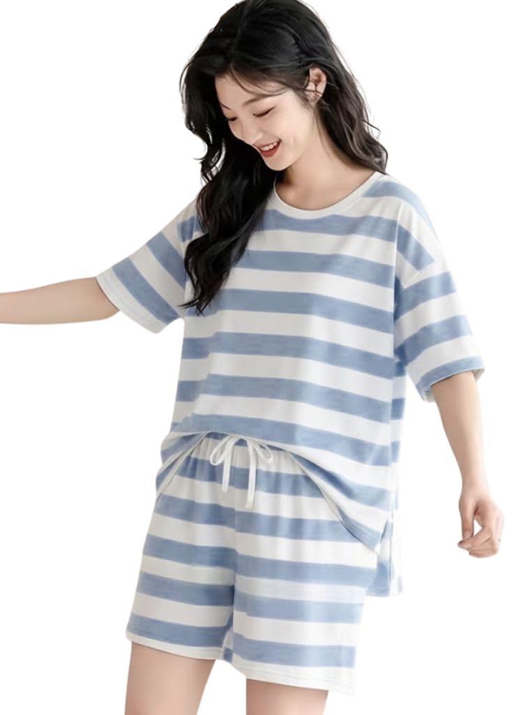 SMOWKLY Women Korean Shorts Pajama Set Cotton Blend Nightwear Set Top & Shorts Sleepwear Lounge Wear Soft Comfortable Night Suit Ladies Summer Night Dress Co-Ord Home Wear Set(1502_BL_S) Blue - Image 5