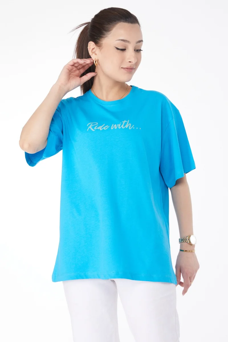 Tofisa 24651-BLUE Crew Neck Short Sleeve Printed T-Shirt