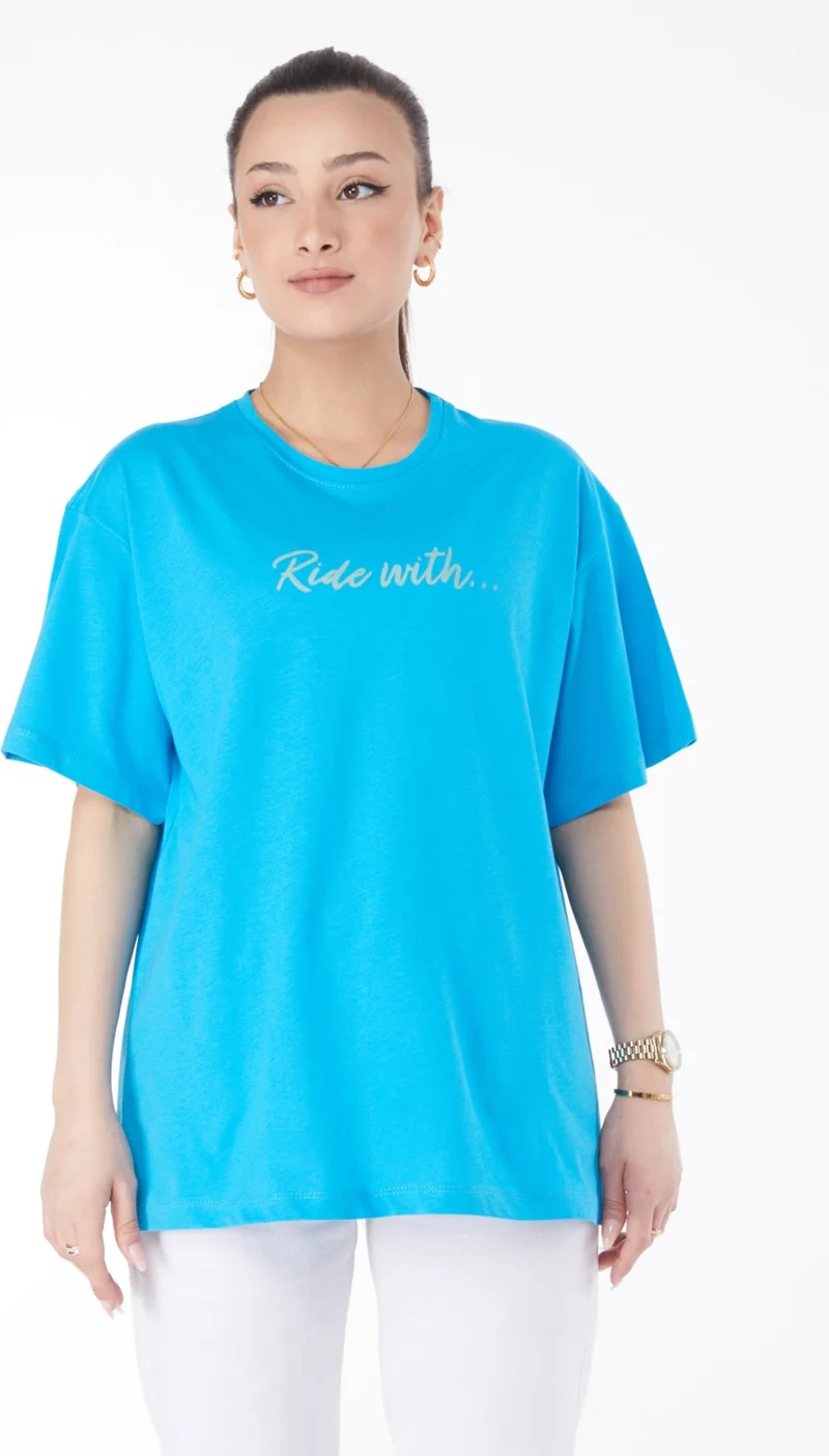 Tofisa 24651-BLUE Crew Neck Short Sleeve Printed T-Shirt