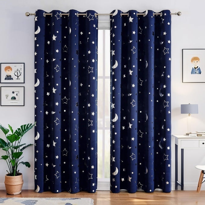 BOYS CURTAINS NAVY BLUE 100 BLACKOUT STAR CURTAINS CUTE SPACE THEMED THERMAL INSULATED ROOM DARKENING BLACKOUT DRAPES FOR KIDS ROOM NURSERY BOYS BEDROOMW42 X L84 2 PANELS