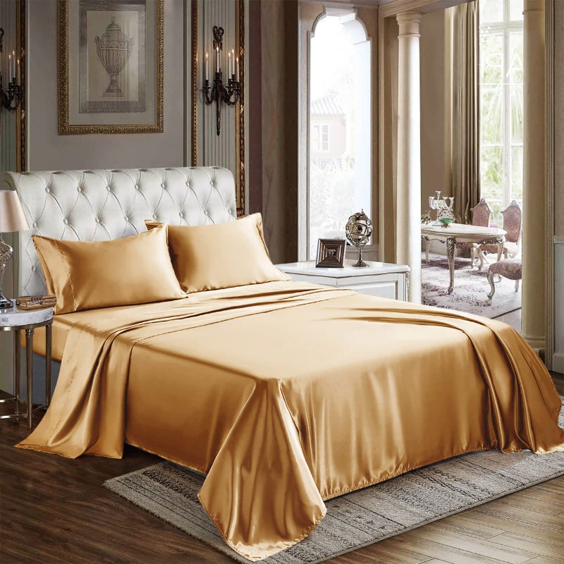 CozyLux Satin Sheets Queen Size  4 Piece Gold Bed Sheet Set with Silky Microfiber 1 Deep Pocket Fitted Sheet 1 Flat Sheet and 2 Pillowcases  Smooth and Soft