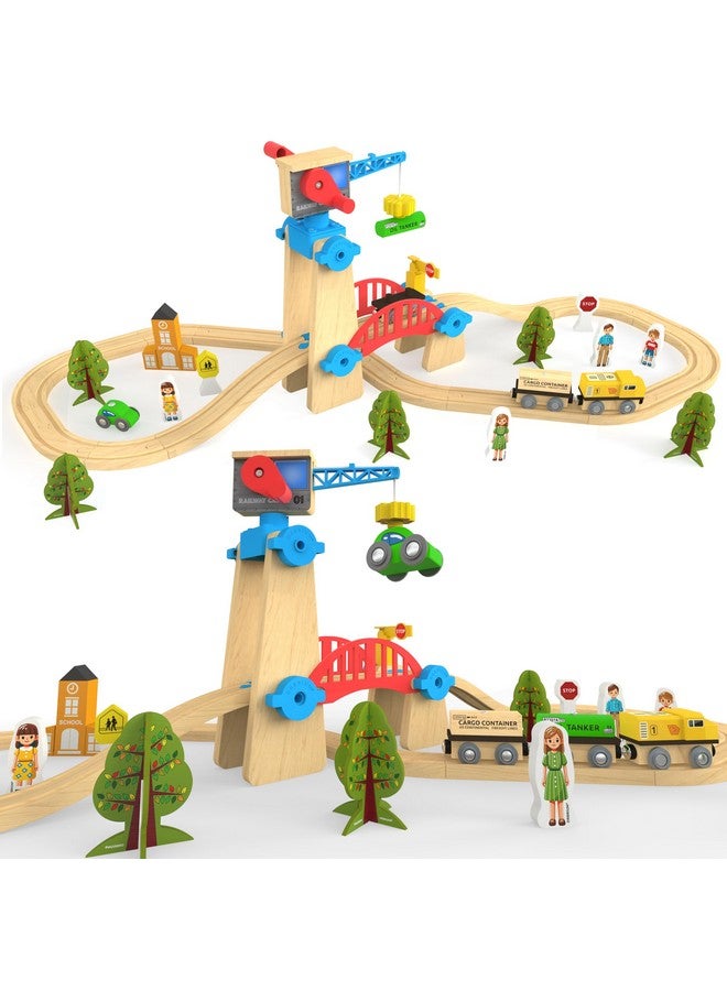 Orbrium مجموعة قطار خشبي ORBRIUM للبناء واللعب 65 قطعة مع رافعة وجسر متوافق مع توماس، بريو، إيميجيناريوم، ميليسا ودوج، إيكيا - Image 1
