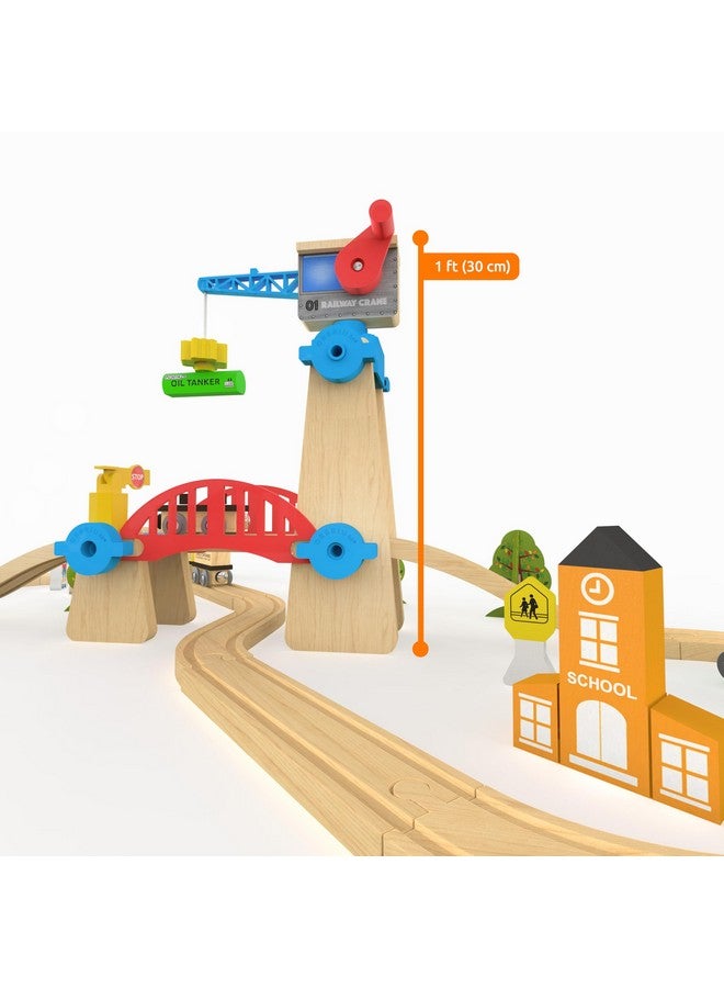 Orbrium مجموعة قطار خشبي ORBRIUM للبناء واللعب 65 قطعة مع رافعة وجسر متوافق مع توماس، بريو، إيميجيناريوم، ميليسا ودوج، إيكيا - Image 4