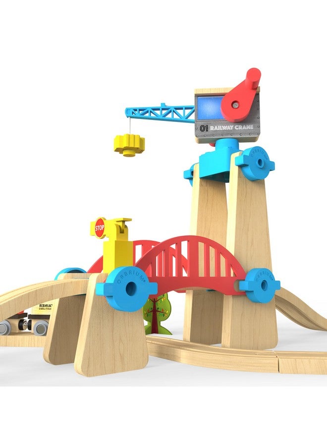Orbrium مجموعة قطار خشبي ORBRIUM للبناء واللعب 65 قطعة مع رافعة وجسر متوافق مع توماس، بريو، إيميجيناريوم، ميليسا ودوج، إيكيا - Image 5
