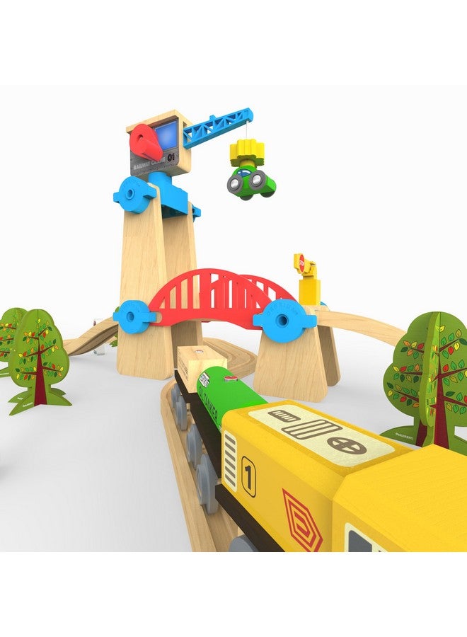 Orbrium مجموعة قطار خشبي ORBRIUM للبناء واللعب 65 قطعة مع رافعة وجسر متوافق مع توماس، بريو، إيميجيناريوم، ميليسا ودوج، إيكيا - Image 2