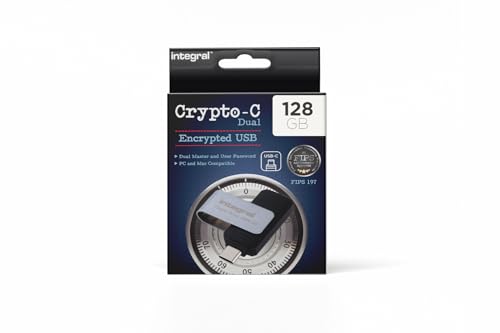 Integral 128GB Crypto-C Dual Encrypted USB Flash Memory Drive, AES-XTS 256-Bit Hardware Encrypted USB 3.2 with Secure Dual Password - Certified to FIPS 197, Compatible with Mac, MacBook, PC, Laptop - Image 1