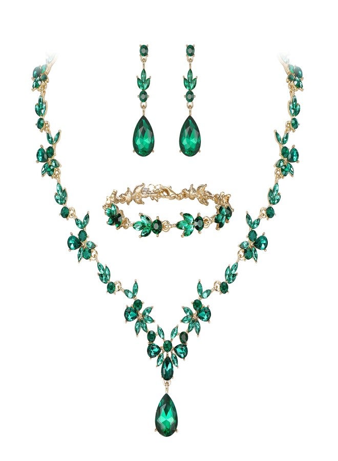 BriLove Wedding Jewelry Set for Women Bride, Y-Necklace Tennis Bracelet Dangle Earrings Set Crystal Teardrop Marquise Cluster Jewelry for Bridal Bridesmaid Emerald Color Gold-Tone - Image 1