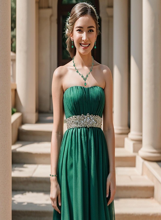 BriLove Wedding Jewelry Set for Women Bride, Y-Necklace Tennis Bracelet Dangle Earrings Set Crystal Teardrop Marquise Cluster Jewelry for Bridal Bridesmaid Emerald Color Gold-Tone - Image 4