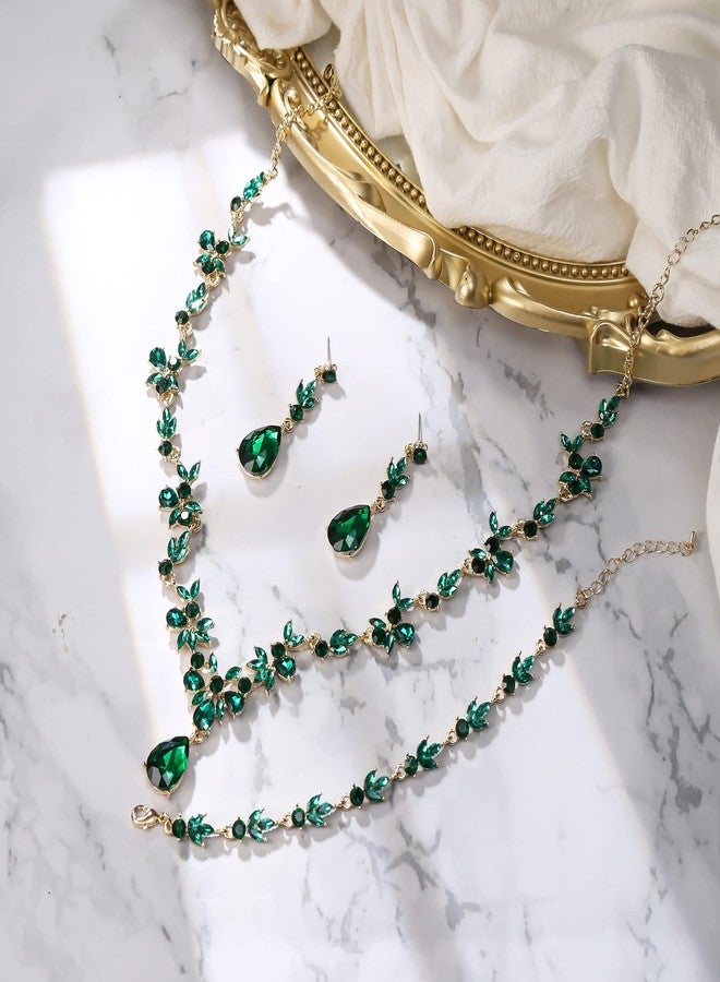 BriLove Wedding Jewelry Set for Women Bride, Y-Necklace Tennis Bracelet Dangle Earrings Set Crystal Teardrop Marquise Cluster Jewelry for Bridal Bridesmaid Emerald Color Gold-Tone - Image 5