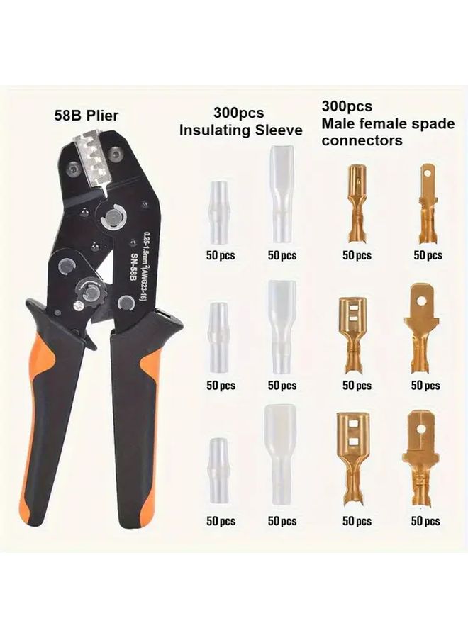 Terminal Pliers Crimping Set For AWG 23 16 0.25 1 5mm² Terminals Includes 300 Insulated Sleeves 300 Coils And 2 8 4 8 6 3mm Male Female Connector Combo Kit - Image 5