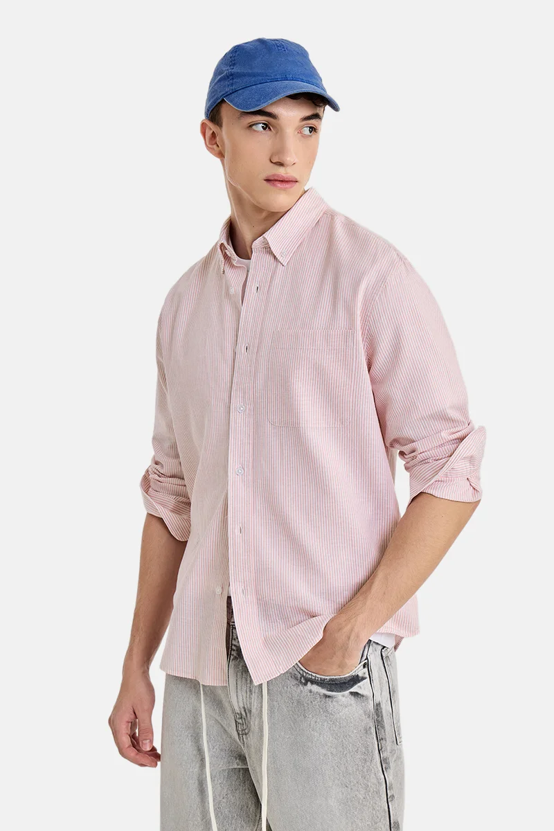 SNITCH Pink Striped Long Sleeve Regular Fit Casual Shirt