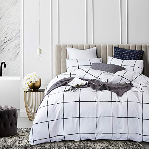 KAREVER White Grid Comforter Set Big Grid Queen Cotton White Black Plaid Printed Stripes Women Checkered Queen Comforters Bedding Set Bed Blanket Set White Plaid Comforter - Image 4