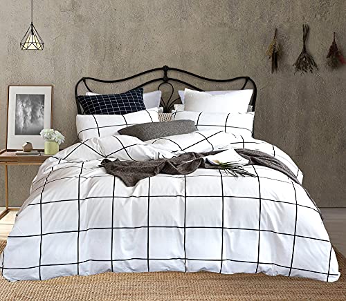 KAREVER White Grid Comforter Set Big Grid Queen Cotton White Black Plaid Printed Stripes Women Checkered Queen Comforters Bedding Set Bed Blanket Set White Plaid Comforter - Image 3