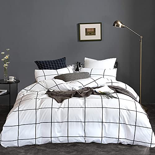 KAREVER White Grid Comforter Set Big Grid Queen Cotton White Black Plaid Printed Stripes Women Checkered Queen Comforters Bedding Set Bed Blanket Set White Plaid Comforter - Image 2