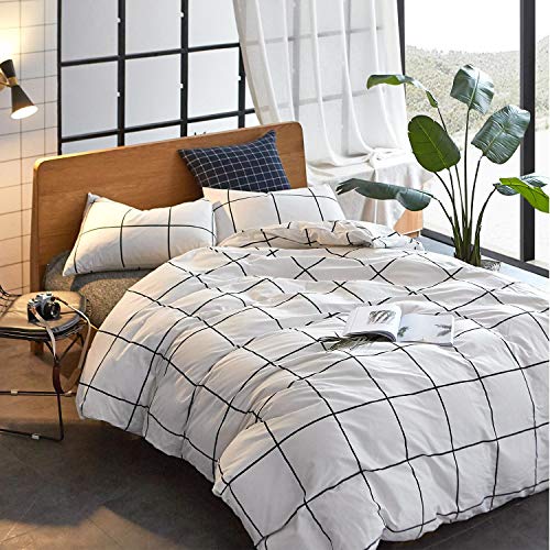 KAREVER White Grid Comforter Set Big Grid Queen Cotton White Black Plaid Printed Stripes Women Checkered Queen Comforters Bedding Set Bed Blanket Set White Plaid Comforter - Image 5