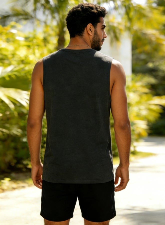 Take Two Men Charcoal Text Print Round Neck Tank and Shorts Co-Ords - Image 3