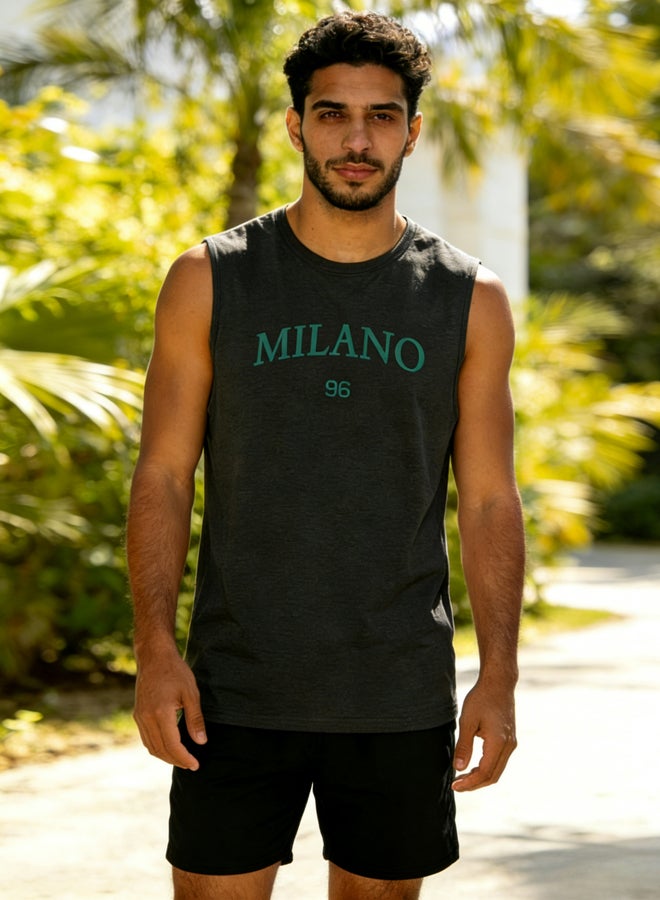 Take Two Men Charcoal Text Print Round Neck Tank and Shorts Co-Ords - Image 1