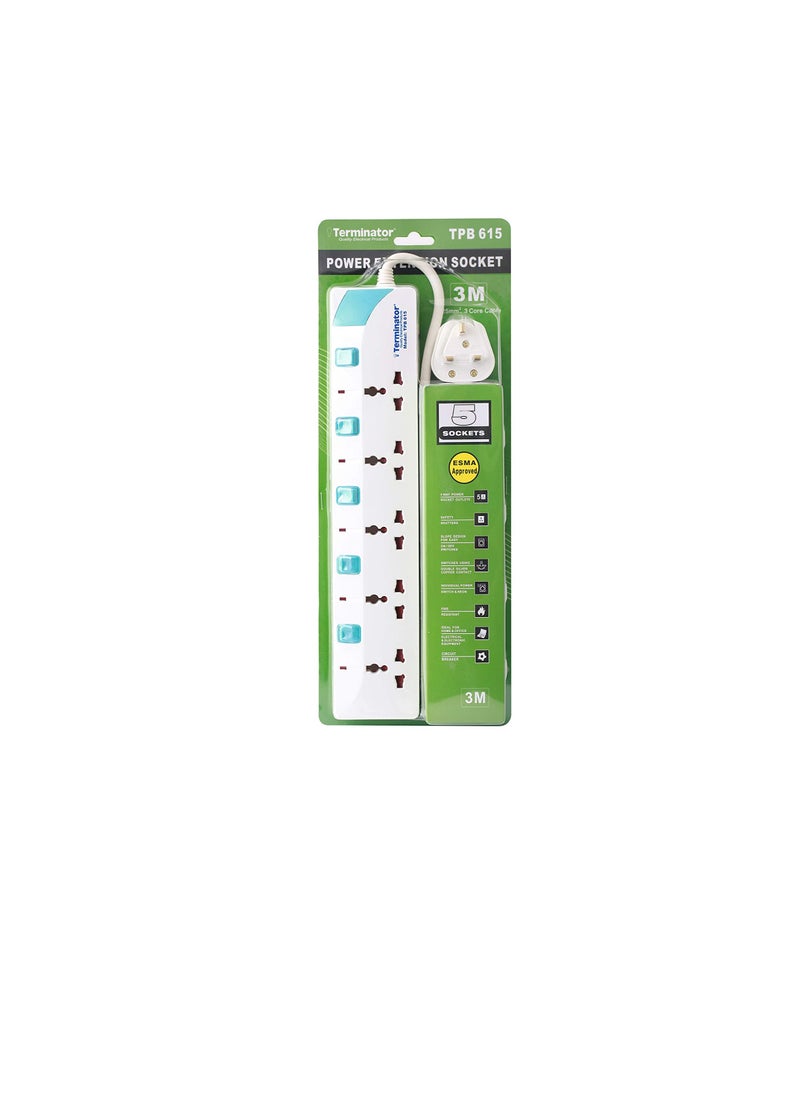 Terminator Terminator 5 Way Extension Socket 3M Cable ESMA Approved Model: TPB 615-3M  - Image 2