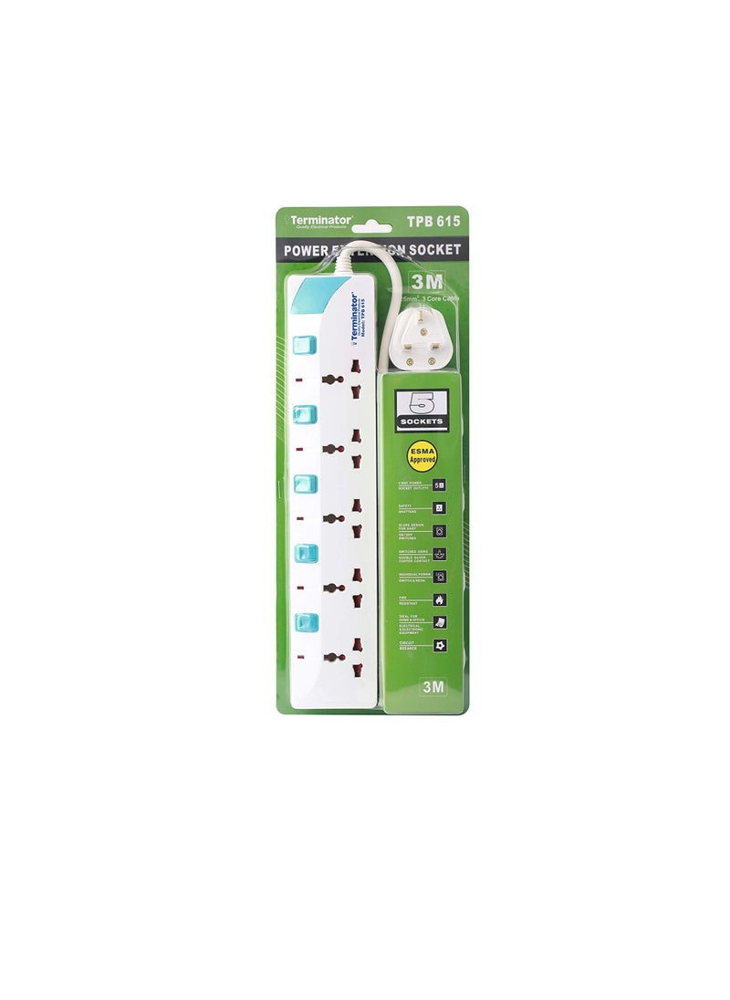 Terminator Terminator 5 Way Extension Socket 3M Cable ESMA Approved Model: TPB 615-3M  - Image 1